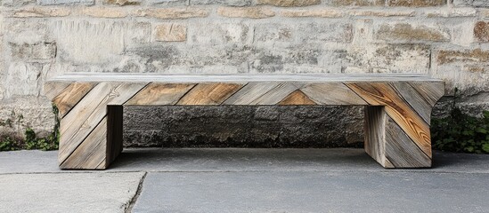 Wall Mural - Rustic wooden bench with a chevron design positioned in front of a textured stone wall, showcasing earthy tones of brown and gray in an outdoor setting