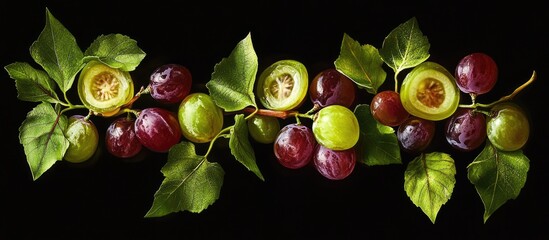 Wall Mural - Freshly sliced grapes in green and purple hues arranged with lush green vine leaves on a black background create an elegant culinary display.