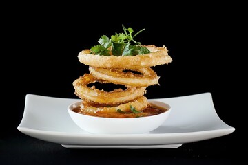 Wall Mural - Crispy Onion Rings with a Dip Golden, batter-coated onion rings stacked on a white plate with a spicy dipping sauce. Garnished with chopped parsley for a fresh pop of color