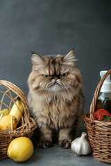 Poster - Grumpy cat surrounded by groceries. AI.