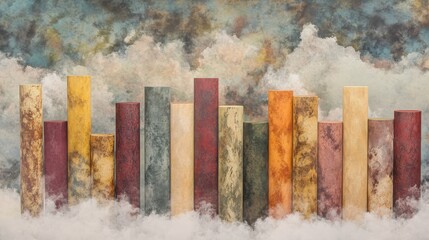 Wall Mural - Cylindrical Columns in Cloudy Sky Abstract Composition, 3D Render, Textured Background, Product Display, Minimalist Design Product Photography, Mockup