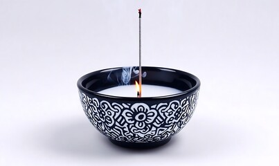 Canvas Print - Scented candle burning, incense smoke, bowl, white background, relaxation