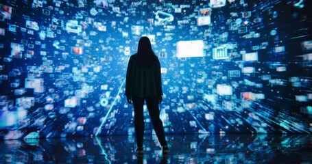 Poster - Young Woman Standing Before a Dynamic Digital Screen, Immersed in Internet Visualization. Internet Cyberspace with Web Content, Icons, Animated Stream of Online Applications and Entertainment