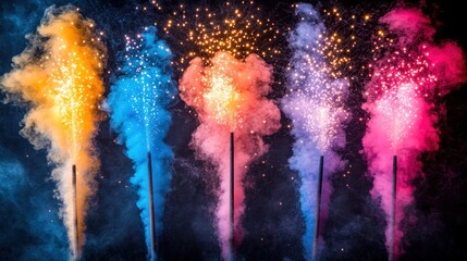 Colorful firework bursts against a dark background