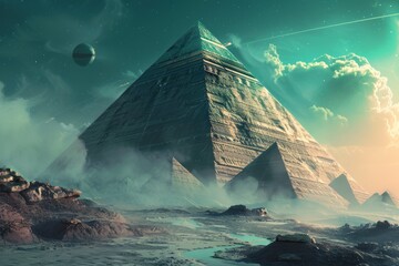 Poster - Ancient and imposing alien pyramid under a cyan sky, Landing UFO pyramid in foggy night, Mysterious pyramid-shaped object