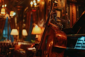 Poster - Android playing a musical instrument in an old jazz club, Retro robot playing a musical instrument, electric guiter playing by a robot