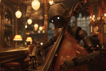 Poster - Android playing a musical instrument in an old jazz club, Retro robot playing a musical instrument, electric guiter playing by a robot