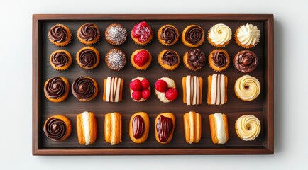 Canvas Print - Set of desserts on a wooden tray, top view.