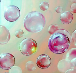 Poster - Colorful Soap Bubbles Floating in Soft Pastel Background with Light Reflections and Delicate Texture, Perfect for Abstract and Artistic Designs