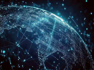 Poster - Futuristic Digital Globe Visualization with Network Connections and Bright Data Points Illuminating the Earth from Space Background