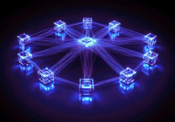 Fototapete - Futuristic Network Visualization Abstract Digital Connectivity Nodes with Glowing Lines and Geometric Shapes Representing Data Communication in Technology
