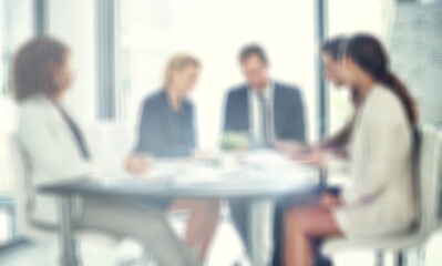 Leinwandbilder - Office, teamwork and business people with blur for research, economy solution and investment review. Boardroom, employees and financial advisor with tablet for accounting firm, planning or meeting