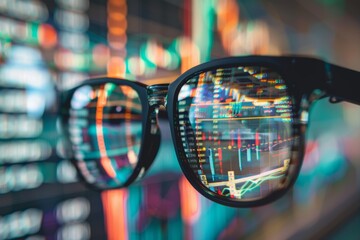 Poster - Augmented reality glasses being used to analyze data, Augmented Reality Glasses Displaying Complex Data Analytics in a Modern Office Setting