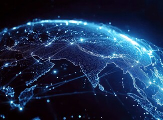 Poster - Stunning Digital Representation of Earth Showcasing Bright United Connectivity Between Continents and Countries Through Glowing Lines and Particles