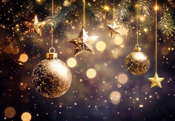 Poster - Stunning Christmas Ornaments and Gleaming Stars Hanging from a Pine Tree with Soft Blurry Lights on a Dark Background for Holiday Decor
