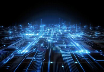 Fototapete - Futuristic Circuit Board Landscape with Glowing Blue Lines and Light Points Illuminating a Digital Network Environment