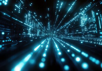 Fototapete - Futuristic Digital Landscape Depicting Abstract Data Flow with Bright Glowing Blue Pixels and Lines in a Dark Background Setting