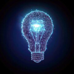 Poster - Futuristic light bulb with glowing digital particles in a dark background representing creativity, innovation, and technology concept in modern design