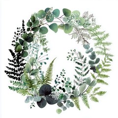 Poster - Elegant Circular Arrangement of Diverse Greenery with Ferns, Eucalyptus, and Delicate Leaves Surrounded by a Soft White Background