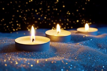 Poster - Serenity and Calmness of Burning Candles on Sparkling Blue Surface with Glittering Bokeh Lights in the Background