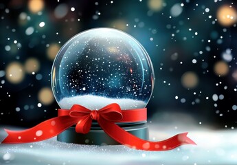 Poster - Magical Snow Globe with Red Ribbon and Snowflakes in a Winter Wonderland Setting