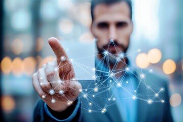 Poster - Professional man interacting with digital network connections and glowing points in urban environment, showcasing technology and innovation in business