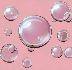 Poster - Colorful soap bubbles floating against a soft pink background, capturing light and reflections in a whimsical and playful atmosphere
