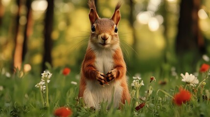 Wall Mural - close-up of a squirrel standing in a green field surrounded by flowers