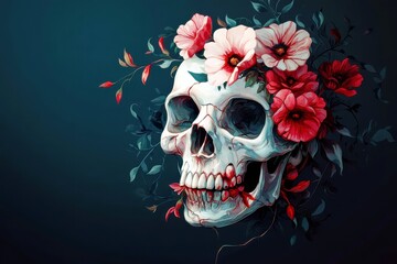 Poster - Artistic skull with vibrant flowers, detailed design showcasing the contrast between life and death in a unique spiritual and aesthetic composition