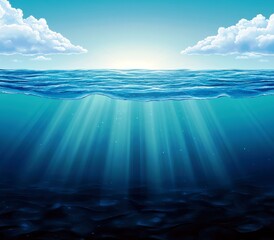 Poster - Serene Oceanic Scene with Sunlight Filtering Through Water, Calm Waves, and a Tranquil Horizon Under Fluffy White Clouds