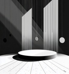 Poster - Abstract minimalistic stage design with geometric shapes, hanging elements, and monochrome color palette for creative projects and presentations