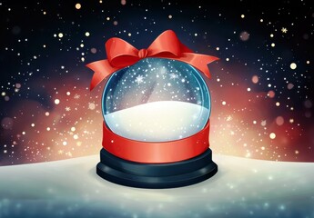 Poster - Enchanting Snow Globe with Glittering Snowflakes and Ribbon Bow, Christmas Winter Wonderland Scene, Magical Holiday Atmosphere in Vibrant Colors