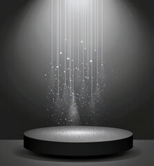 Poster - Sparkling Light Effects with Floating Particles on a Dark Stage Platform Under Bright Spotlight for Creative Background Use