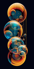 Poster - Colorful bubbles cluster with dynamic reflections on a dark background. Generative AI