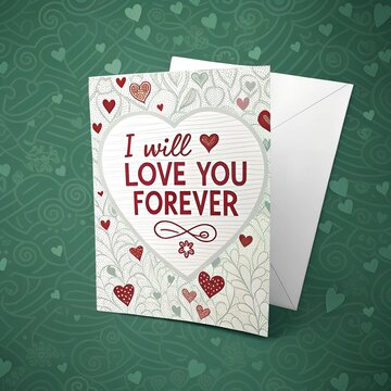 Happy velentines day card asymmetrical abstract pattern of hearts on valentine background on green background  with love message jpg