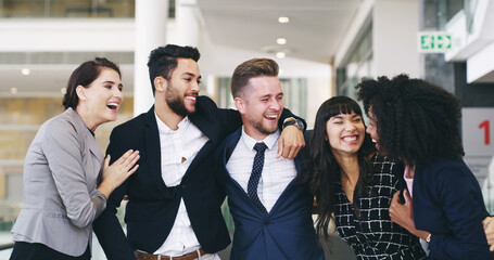 Leinwandbilder - Success, hug and happy business people in office with achievement, collaboration and solidarity. Teamwork, men and women embrace with excited celebration, cheers and support at development startup