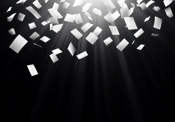Poster - White paper sheets falling gracefully in a dark background with beams of light illuminating the scene, creating a dramatic and serene atmosphere