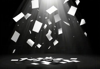 Poster - Floating White Papers in Dramatic Light with Dark Background for Background Design and Creative Concept Displaying Chaos and Motion Effects