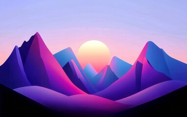 Poster - vibrant abstract mountain landscape with a setting sun and soft pastel colors in a dreamlike atmosph