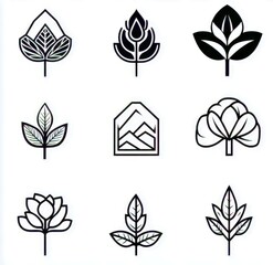 Poster - Collection of Minimalist Black and White Botanical Illustrations Featuring Various Leaf and Plant Designs for Creative Projects