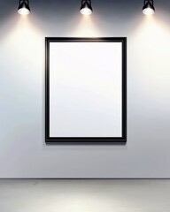 Poster - Modern gallery interior with empty frame illuminated by three spotlights against a minimalistic wall, perfect for art showcase and exhibition display