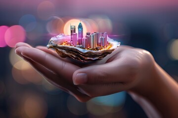 Canvas Print - A captivating image of a hand holding an oyster that reveals a glowing city skyline, blending nature and urban life. Concealed City of Dreams, City of Possibilities