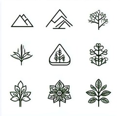 Poster - Geometric Nature Elements Collection Featuring Mountains, Plants, Leaves, and Floral Designs in Simple Outline Style for Modern Aesthetic Applications