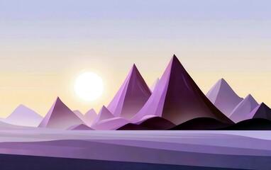 Poster - Abstract Geometric Landscape with Stylized Mountains and Sunrise in Soft Pastel Tones for Artistic Backgrounds and Creative Projects