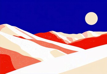 Poster - Abstract landscape with vibrant red hills, smooth white snow and deep blue sky, featuring a large yellow moon illuminating the serene scene at dusk