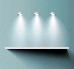 Aufkleber - Modern minimalist interior wall with three round ceiling lights illuminating a simple white shelf against a soft blue background in an upscale design setting