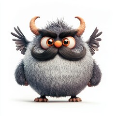 Monster with a big fluffy mustache and tiny wings, isolated on a clean white background