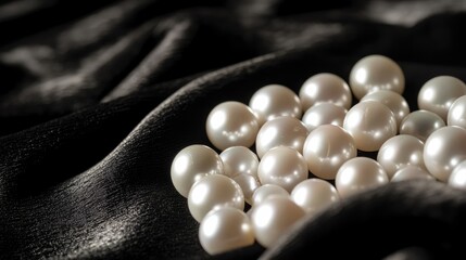 Poster - A cluster of luminous pearls scattered on a black velvet surface with ample copy space for a luxurious touch