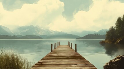 Wall Mural - A peaceful wooden pier on a lake with mountains in the distance and vast sky space for text