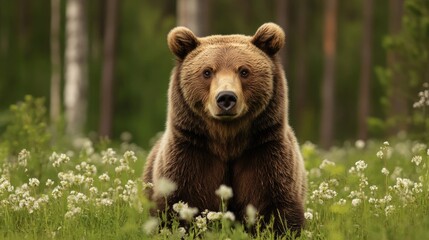 Wall Mural - a majestic brown bear standing amidst a field of white flowers, forest background, looking at the ca
